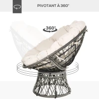 Outsunny Fauteuil rond de jardin fauteuil papasan pivotant grand confort Ø 97 x 90H cm grand coussin fourni polyester résine tressée crème(m-5)