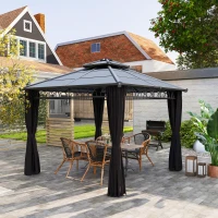 Outsunny 3 x 3 (m) Outdoor Polycarbonate Gazebo, Double Roof Hard Top Gazebo with Galvanised Steel Frame, Nettings & Curtains for Garden, Lawn, Patio and Deck, Dark Grey(m-10)