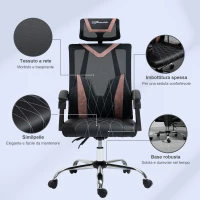 Vinsetto Sedia da Ufficio Ergonomica Inclinabile a 130° con Supporto Lombare e Cervicale, 58x62.5x112-120cm(m-8)