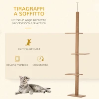 PawHut Albero Tiragraffi per Gatti a 4 Livelli, Fissaggio a Soffitto Regolabile, 43x27x228-260cm(m-4)