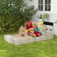 Outsunny Wooden Sand Pit with Liner, Pretend Hobs, Planting Boxes, Two Seats, for Ages 3-7 Years  - Grey(m-2)