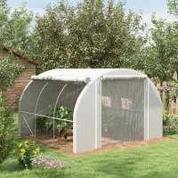 Outsunny Serra a Tunnel 3x3 m con Porta, 6 Finestre e 2 Pareti Avvolgibili, in Acciaio e Telo in PE, Bianca(m-2)