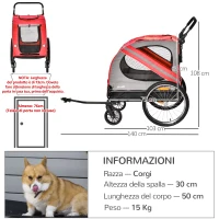 PawHut Rimorchio Cani con Ingresso a Cerniera, Ruote e Bandiera, in Acciaio e tessuto Oxford, Rosso Argento Nero(m-3)