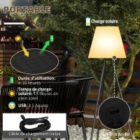 Outsunny Lampadaire d'extérieur trépied solaire sans fil avec batterie rechargeable par USB, luminosité réglable(m-5)