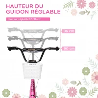 HOMCOM Trottinette patinette Enfant Grandes Roues pneumatiques Guidon réglable Frein AV-AR Garde-Boue béquille Panier métal Rose Blanc(m-4)