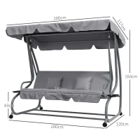 Outsunny Balancín de Jardín Exterior de 3 Plazas Convertible en Cama con Toldo Ajustable y 2 Almohadas Carga 340 kg Gris(m-3)