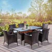 Outsunny 6 Seater Rattan Dining Set with Cushions, Rattan Garden Furniture Set with 6 Armchairs, Rectangular Glass Top Table, Outdoor Dining Table and Chairs, Brown(m-15)