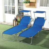 Outsunny Outdoor Foldable Sun Lounger Set of 2, 4 Level Adjustable Backrest Reclining Sun Lounger Chair with Angle Adjust Sun Shade Awning for Beach, Garden, Patio, Blue(m-2)