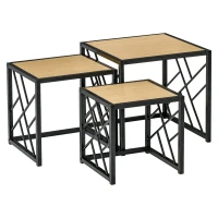 HOMCOM Ensemble de 3 Tables Basses gigognes encastrables Style Industriel métal Noir Aspect Bois Clair(m-1)