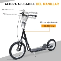 HOMCOM Patinete para Niños Mayores de 5 Años Scooter de 2 Ruedas Grandes con Doble Freno y Manillar Ajustable en Altura para Adolescentes Adultos 135x58x92-100 cm Negro(m-4)