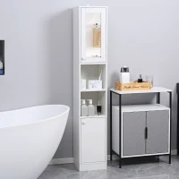 kleankin Tall Bathroom Storage Cabinet with Mirror, Narrow Bathroom Unit, Freestanding Bathroom Cupboard with Adjustable Shelves and 2 Doors, White(m-10)