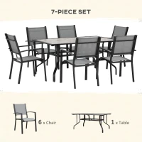 Outsunny 7 Pieces Garden Dining Set, 6 Seater Garden Table and Chairs with Parasol Hole, Outdoor Furniture Armchairs and Stone-like Plastic Top Table with Breathable Mesh Fabric Seat, Grey(m-4)
