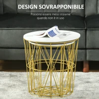 HOMCOM Set 2 Tavolini da Salotto Moderni Impilabili con Ripiano Rimovibile, Tavolino da Caffè con Contenitore per Soggiorno e Camera, Bianco Oro(m-6)