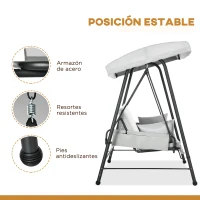 Outsunny Columpio de Jardín de 3 Plazas Convertible en Cama con Toldo Reclinable 2 Cojines y Marco de Acero 236x138x185 cm Gris(m-7)