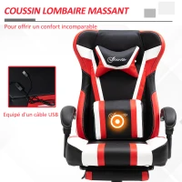 Vinsetto Fauteuil de bureau gaming massant - pivotant, inclinable, réglable - coussin lombaire, tétière, repose-pieds inclus - PVC rouge blanc noir(m-4)