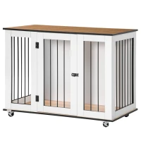 PawHut Dog Crate Furniture, Dog Cage End Table, with Wheels, for Large Dogs, 106 x 60 x 82 cm  - White(m-11)