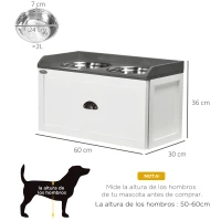 PawHut Comedero Elevado para Perros Grandes con 2 Cuencos de 2000 ml de Acero Inoxidable y 1 Cajón 63x30x36 cm Blanco(m-3)