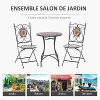 Outsunny Ensemble Bistro 2 Places 3 pièces Style Fer forgé mosaïque céramique Motif Rose des Vents chaises Pliables métal époxy Noir(m-4)