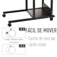 HOMCOM Mesa Auxiliar con Ruedas 80x40 cm Mesa para Sofá en Forma de C con Altura Ajustable 3 Niveles de 72-82 cm Marco de Metal para Salón Cocina Negro(m-7)