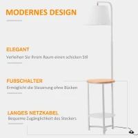 HOMCOM Stehleuchte Stehlampe Beistelltisch mit 2 Regalen Innenbeleuchtung E27 für Wohnzimmer Schlafzimmer Büro Metall Holz Tterylen-Gewebe Weiß 38 x 36 x 162 cm(m-4)