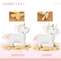 HOMCOM Caballito Balancín Infantil en Forma de Unicornio para Niños de +3 Años Balancín de Felpa 2 en 1 con Ruedas y Sonidos 63x38x63 cm Blanco(m-4)