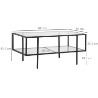 HOMCOM Tavolino da Salotto a 2 Livelli in Acciaio e Vetro Temperato per Casa e Ufficio, 100x55x45.5 cm(m-3)