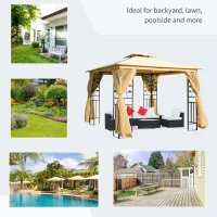 Outsunny 3(m) x 3(m) Garden Gazebo, Double Roof Outdoor Gazebo Canopy Shelter with Netting, Solid Steel Frame, for Garden, Lawn and Deck, Beige(m-7)