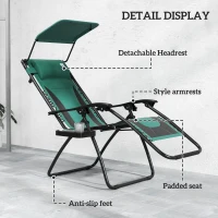 Outsunny Zero Gravity Lounger Chair, Folding Reclining Patio Chair with Shade Cover, Padded Seat, Cup Holder, Soft Cushion and Headrest for Poolside, Camping, Green(m-5)