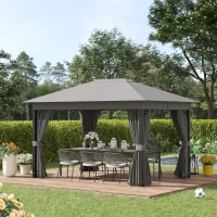 Outsunny Cenador de Jardín 4x3 m Pabellón con Techo de Ventilación 4 Cortinas Laterales con Puerta y 8 Orificio de Drenaje Gazebo de Aluminio para Exterior Patio Fiestas Gris(m-2)