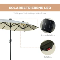Outsunny Doppelschirm, Terrassenschirm, neigbar, mit Solarpaneel, 35 LEDs, Stahlrahmen, beige, 2,92 x 1,50 x 2,18 m(m-4)