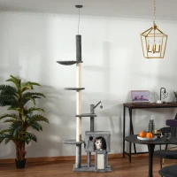 PawHut Kratzbaum Katzenbaum Deckenhoch Kletterbaum mit Spielbaum Katze Sisal Plüsch Hellgrau höhenverstellbar 60 x 40 x 238-270 cm(m-4)