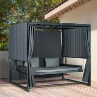 Outsunny Dondolo Letto e Pergola 3 in 1 con Tetto Regolabile e Tende, Acciaio e Rattan PE, 235x150x210cm, Grigio Scuro(m-2)