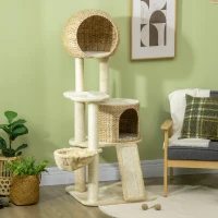 PawHut Arbre à chats griffoir sisal naturel 2 niches plateforme hamac peluche jacinthe d'eau - 60 x 60 x 150 cm beige(m-8)