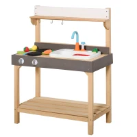 Outsunny Matschküche mit Wasserhahn Kinderküche mit Zubehör 14-Teilige Spielküche Spielzeugküche Holz Kunststoff Natur+Grau+Weiß 75 x 40 x 100 cm(m-10)