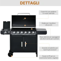 Outsunny Barbecue a Gas con Coperchio, 7 Bruciatori da 20kW, Fornello Laterale e 2 Ruote, 135x50x100cm Nero(m-7)