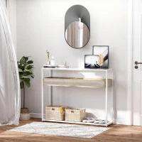 HOMCOM Mesa Consola de Entrada 108x28x85 cm Mueble Recibidor con Encimera de Cristal Estante y Rejilla Inferior Marco de Acero para Pasillo Salón Extremo del Sofá Blanco(m-2)