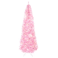HOMCOM 6FT Tall Prelit Pencil Slim Artificial Christmas Tree with Realistic Branches, Warm White LED Lights and Tips, Xmas Decoration, Pink(m-11)