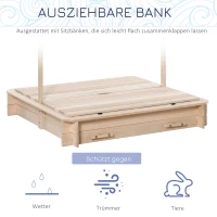 Outsunny Sandkasten Sandkiste aus Holz für Garten Sandkasten mit Dach Felix Kindersandkasten mit Dach abnehmbar Rücklehnen verstellbar Tannenholz 3-7 Jahren 106 x 106 x 115 cm Natur(m-4)