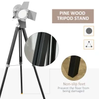 HOMCOM Industrial Tripod Floor Lamp, Nautical Cinema Standing Spotlight with Wood Legs and Adjustable Height for Living Room, Bedroom, Black and Silver(m-7)