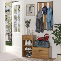 HOMCOM Coat Rack with Shoe Bench Set, Hall Tree, Hallway Set with 6 Hooks, Drawer and Storage Cabinet, Black and Natural(m-10)