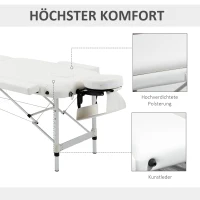 HOMCOM Mobile Massageliege 3 Zonen Klappbar Massagetisch mit Kopfstütze Armlehne Tragetasche höhenverstellbare Aluminium Massagebett tragbar inkl. Zubehör Massagebank bis 225 kg Belast Weiß(m-6)