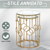 HOMCOM Set 2 Pezzi Tavolini da Caffè Design Elegante con Motivi a Cerchio, Metallo e Vetro Temperato Φ41x57cm & Φ36x51cm, Oro(m-5)
