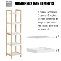 HOMCOM Etagère en Bambou de Salle de Bain étagère Debout 3 paniers + 2 étagères dim. 32L x 30l x 130H cm Beige Blanc(m-6)