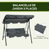 Outsunny Balancelle de Jardin 3 Places Toit Inclinaison réglable Coussins Assise et Dossier Acier Noir Polyester Gris(m-7)