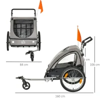 HOMCOM 2-in-1 Kinderanhänger, inkl Fahne und Reflektoren, für 2 Kinder, grau+schwarz(m-3)
