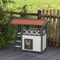 PawHut Casetta per Gatti da Esterno con Terrazza e Scaletta in Legno, 77x50x73cm, Bianco e Grigio(m-2)