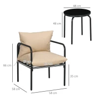 Outsunny Outdoor Sitzgruppe, 3-teilig, 2 Stühle, Tisch mit Glasplatte, Sitzkissen, Metallgestell, Beige(m-3)