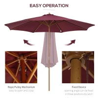 Outsunny 3(m) Garden Parasol, Pulley Operated Patio Umbrella, Wooden Table Market Umbrella with Rope Pulley Mechanism and 8 Ribs, Wine Red(m-4)