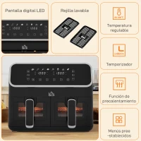HOMCOM Freidora de Aire de 8L Freidora sin Aceite 2700W con 2 Cestas 8 Programas y Pantalla Digital Táctil 39x38,5x31cm Negro(m-8)