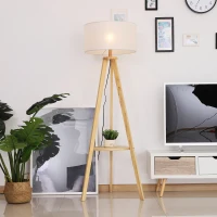 HOMCOM Tripod Floor Lamp, Freestanding Bedside Light Reading Light with Storage Shelf and Linen Shade for Living Room Bedroom, 154cm, Cream(m-7)